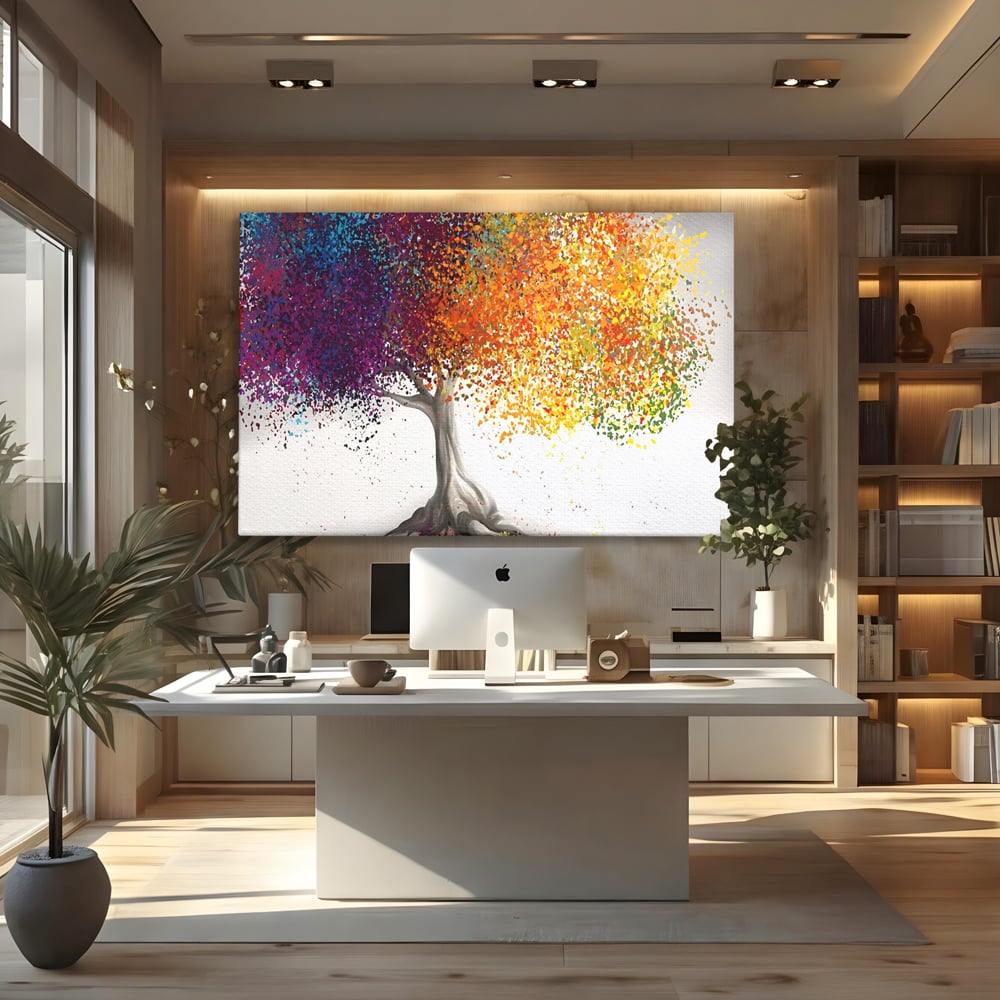 Tablou canvas cu tablou canvas cu un copac colorat, fara rama, pe sasiu de lemn, pe perete intr-un birou